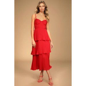 Red Midi Pleated Bustier Dress - Cascading Crush Red Tiered Bustier Midi Dress